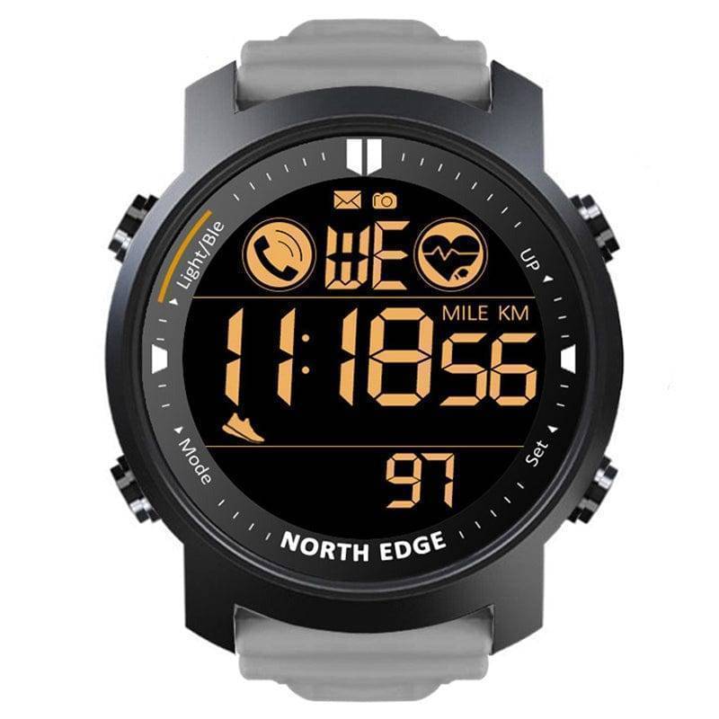 Digital fitness watch with activity tracker and heart rate monitor, compatible with Android and iOS.