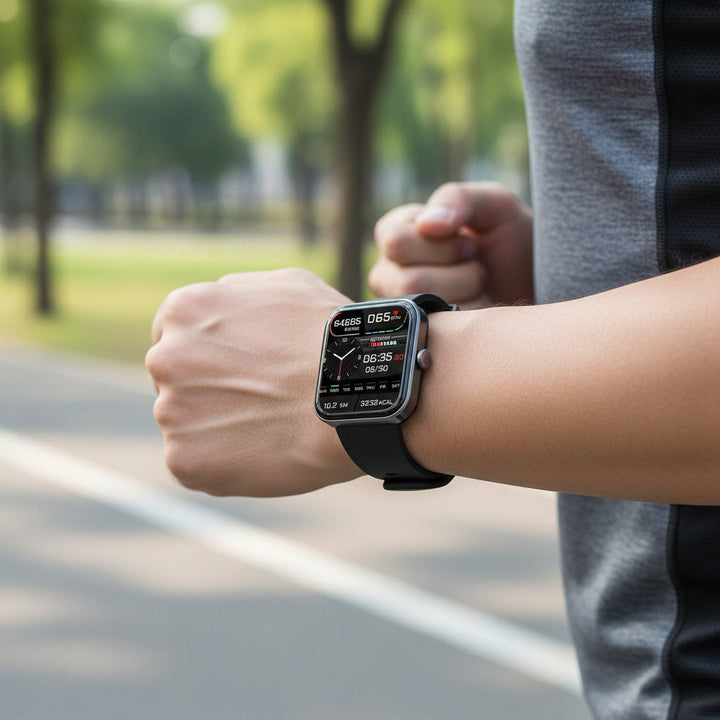 Sleek black unisex smartwatch for health monitoring, fitness tracking, and wellness insights.