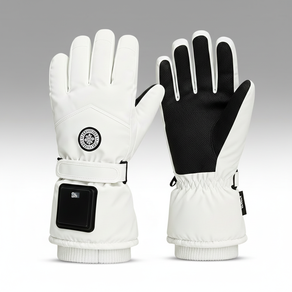 Unisex smart heated gloves for skiing, black with red accents, showing heating elements.