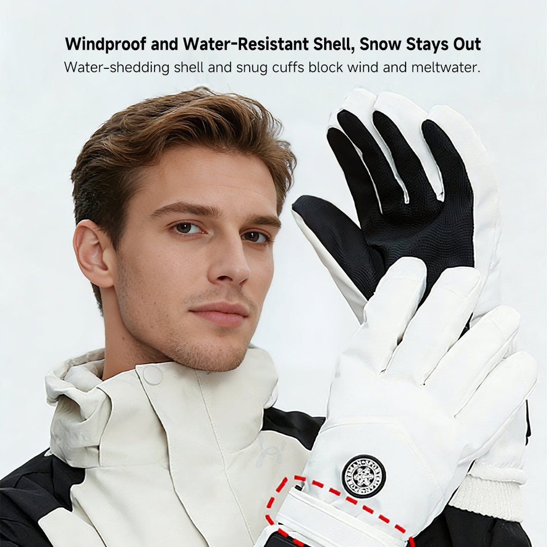 Close-up of smart heated glove palm, showing non-slip grip and durable fabric for winter activities.