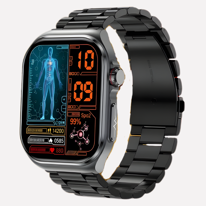 Modern unisex smartwatch. Digital display shows heart rate, fitness data. A versatile health tech wristband.