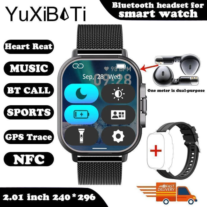 Detail of the smartwatch's earbud storage compartment, highlighting the secure and compact design.
