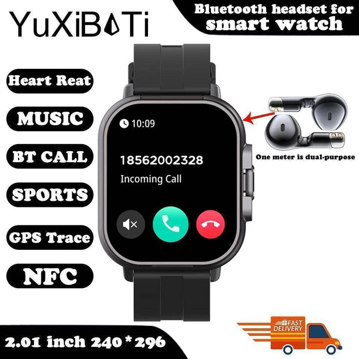 Stylish unisex smartwatch paired with its earbuds, offering a complete wearable tech solution.