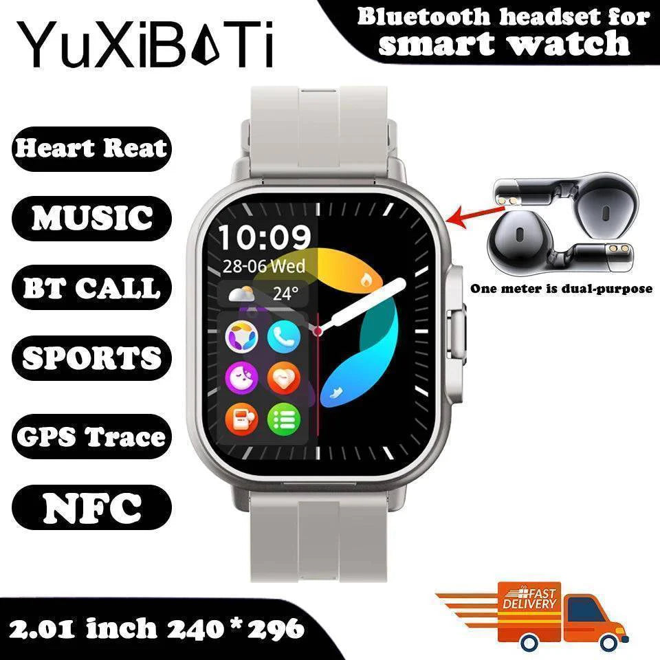 High-angle view of the smartwatch and earbuds, emphasizing their innovative and practical design.
