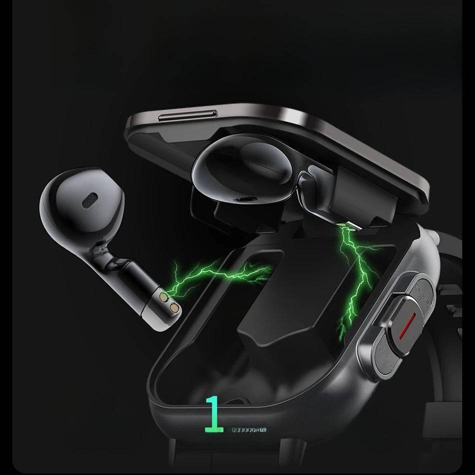 Close-up of the smartwatch display showing a health monitor, with earbuds stored discreetly inside.