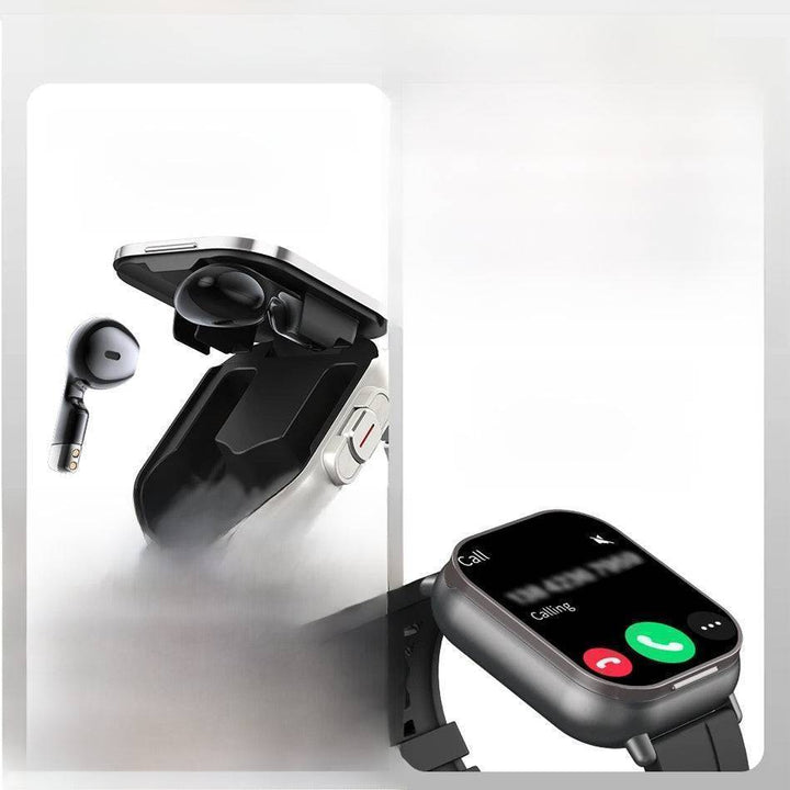 Wearable tech: Unisex bluetooth watch on a wrist, highlighting its integrated earbuds for convenience.