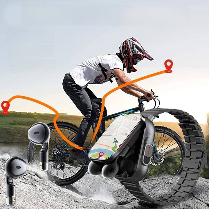 Smartwatch with earbuds, showcasing its charging case functionality for both devices.