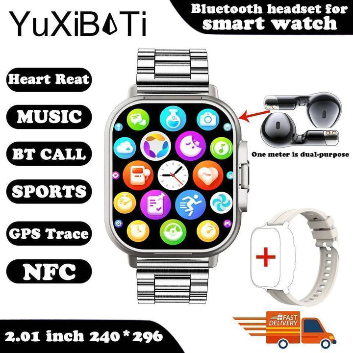 Bluetooth watch on a table, next to its integrated earbuds, ready for pairing with a smartphone.