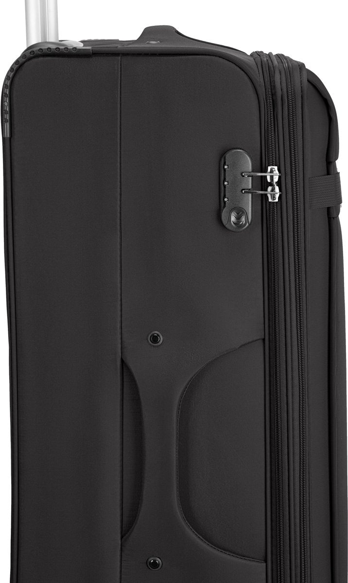 Lightweight softshell spinner luggage, compact design with integrated TSA lock for secure travel.