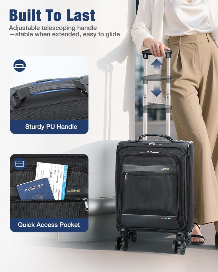 Versatile black unisex softside carry-on suitcase. Expandable luggage with durable spinner wheels, ideal for any trip.