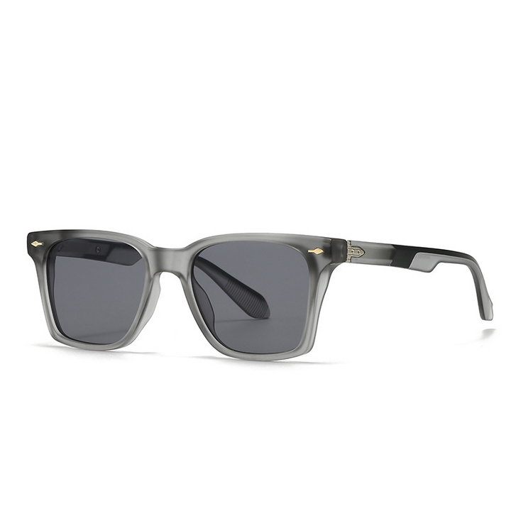 Close-up of frosted square sunglasses, highlighting the unique texture and unisex design.