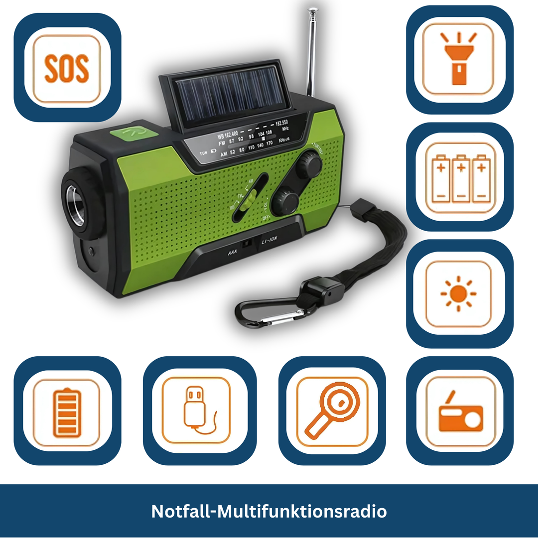 Compact solar hand crank radio featuring NOAA weather alerts and built-in flashlight for camping