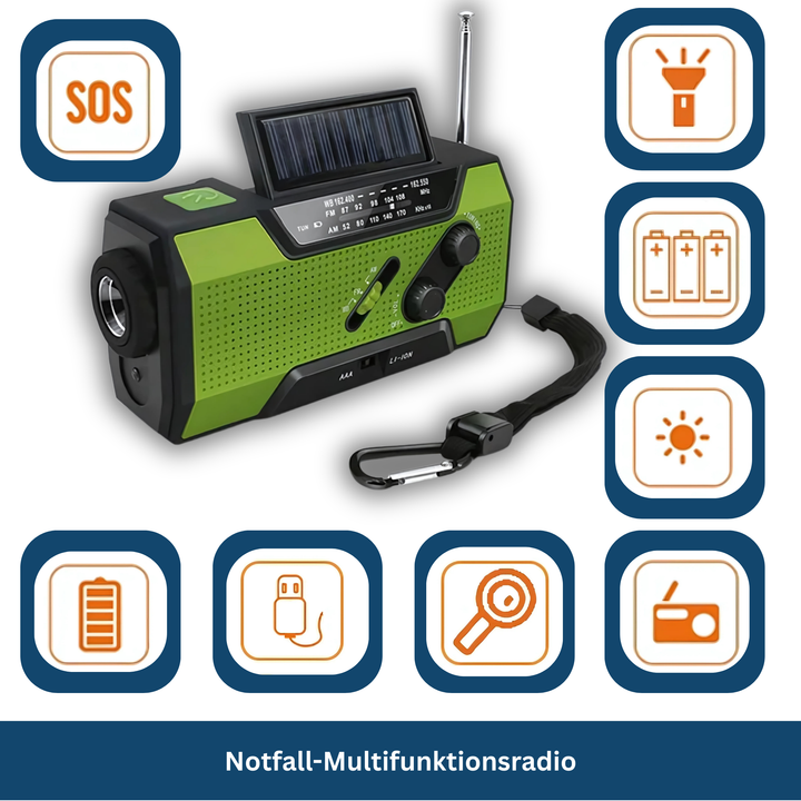Compact solar hand crank radio featuring NOAA weather alerts and built-in flashlight for camping