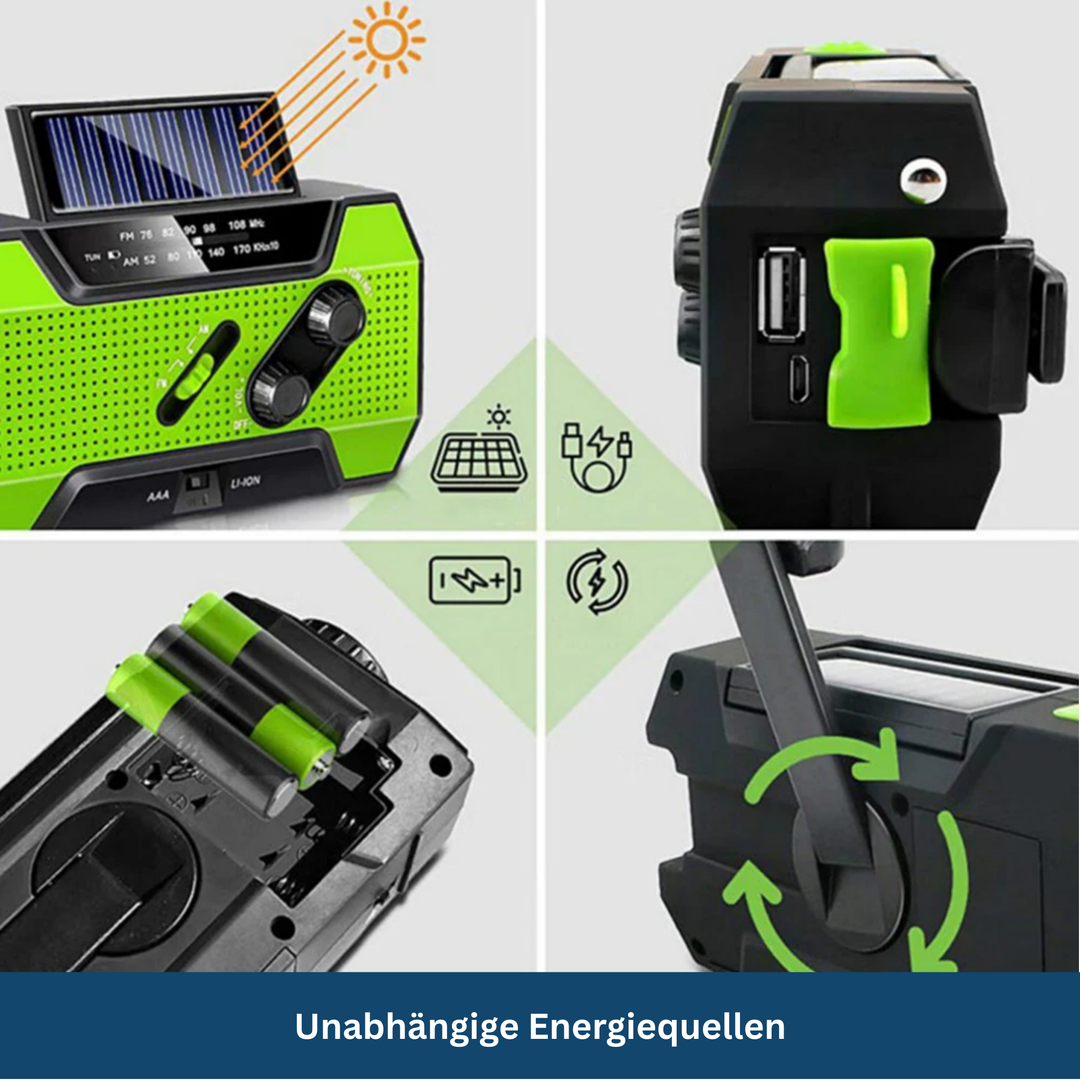 Durable outdoor gear: multi-function emergency radio with flashlight, solar, and hand crank power
