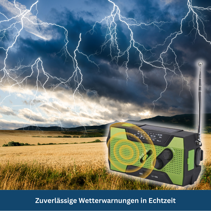 Unisex emergency radio with solar, hand crank, and power bank for reliable communication and light