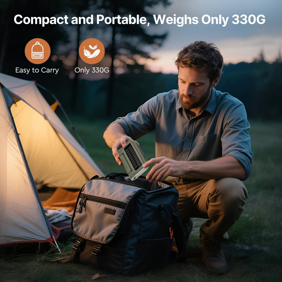 Compact camping light, features USB output for device charging, solar rechargeable, essential outdoor gear