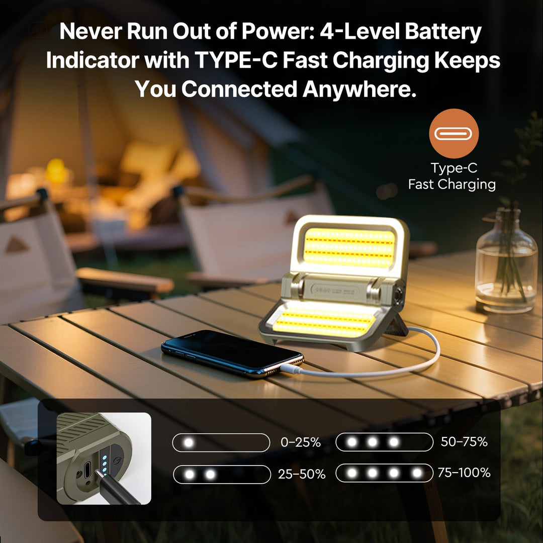 High-power LED floodlight, solar and USB rechargeable, ensures visibility and safety during outdoor nights