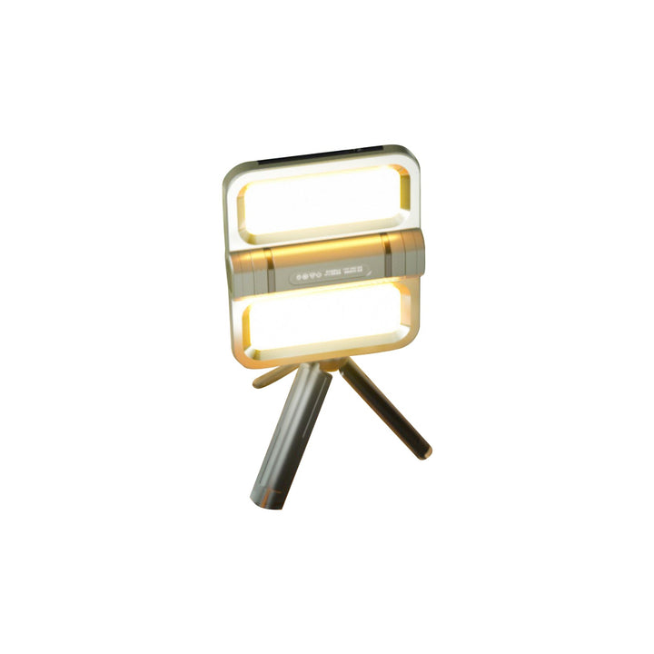 Portable work light with solar and USB charging, adjustable stand for hands-free operation, camping essential