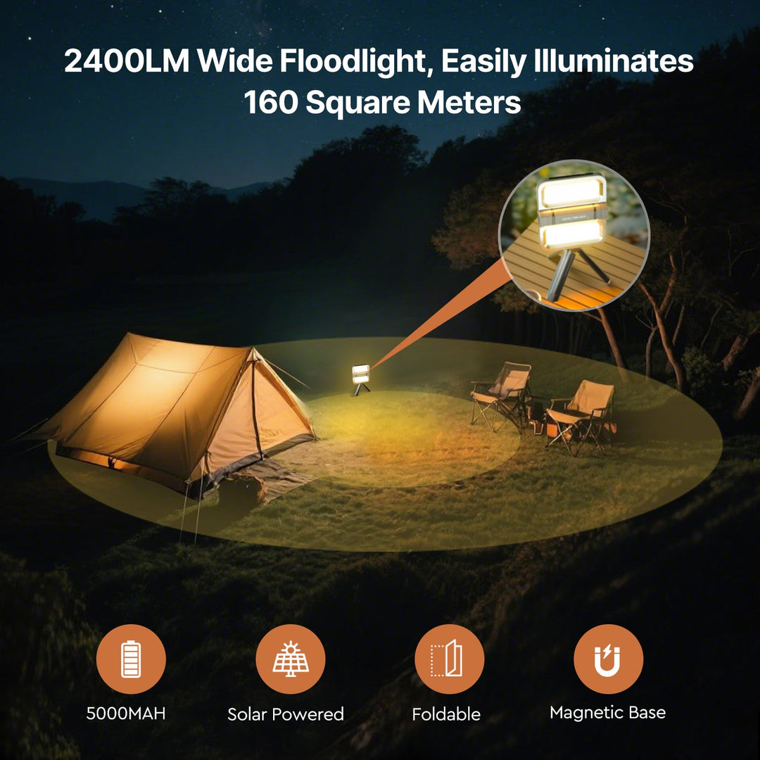 Rechargeable LED floodlight, hands-free lighting for camping trips, works as a power bank, solar & USB
