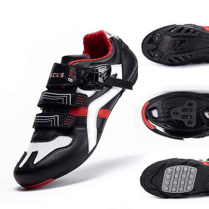 Unisex SPD-SL road bike shoes, black with three hook-and-loop straps, side view, ideal for cycling performance