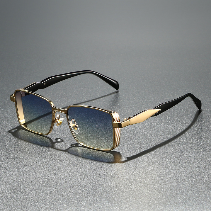 Gold frame unisex square sunglasses with gray UV protection lenses. Trendy fashion eyewear.