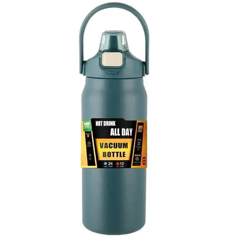 Ergonomic stainless steel insulated water bottle featuring a hygienic covered straw spout.