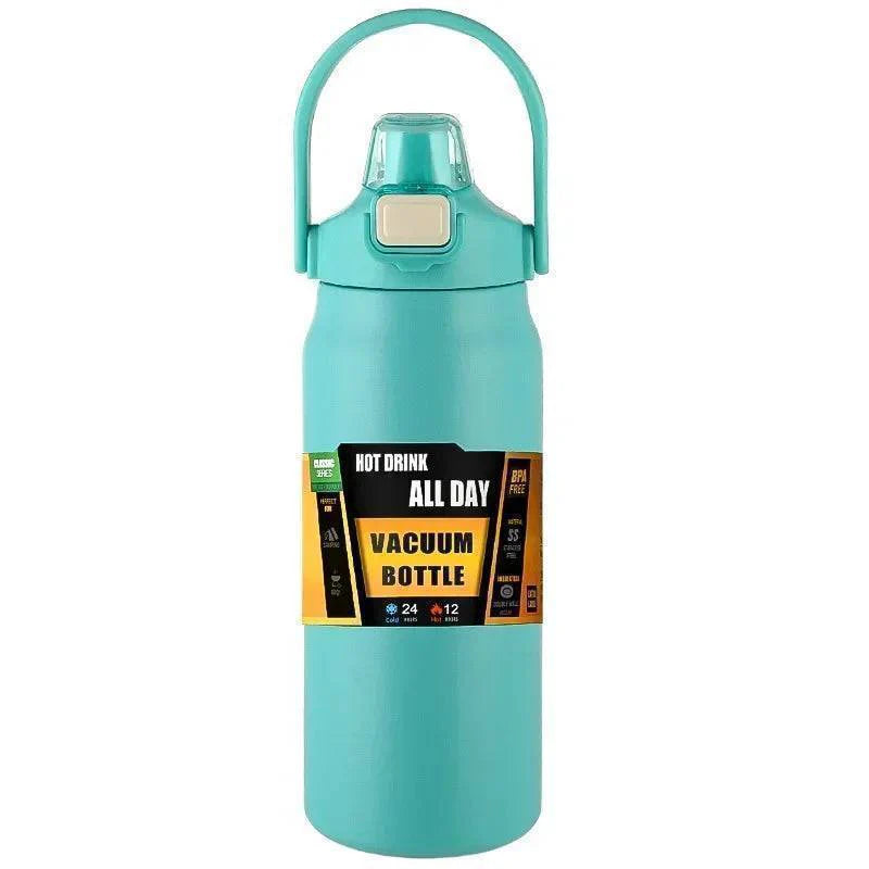 Premium stainless steel water bottle with straw, double-walled vacuum insulation, BPA-free.