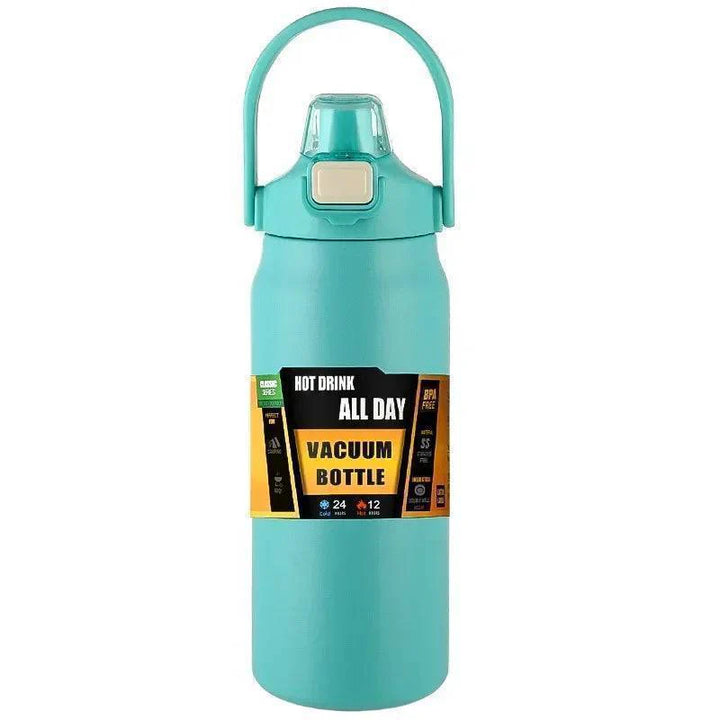 Premium stainless steel water bottle with straw, double-walled vacuum insulation, BPA-free.