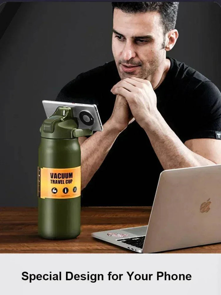 Sleek black stainless steel insulated water bottle with straw, great for gym, outdoor, office.