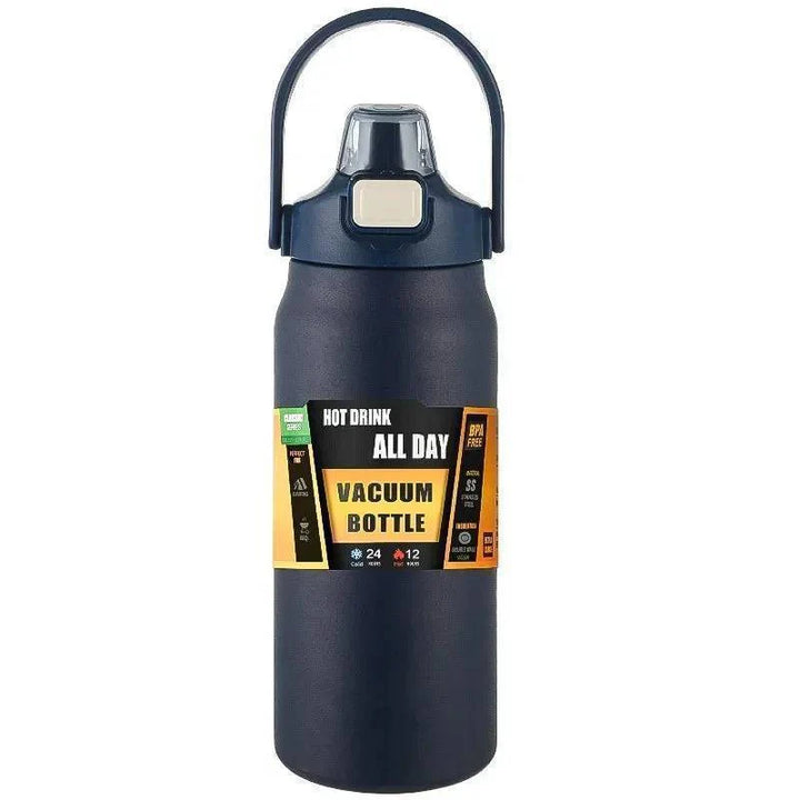 Modern insulated water bottle, stainless steel design with a leak-proof straw lid for active use.
