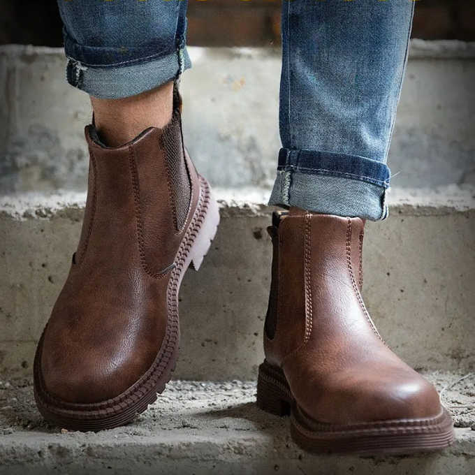 Comfortable slip-on unisex steel toe work boots, perfect for long days on the job with excellent traction.