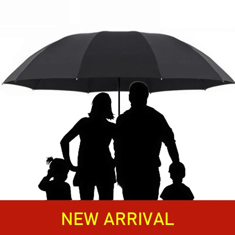 Unisex large folding rain umbrella, windproof for heavy downpours. Also provides sun protection.