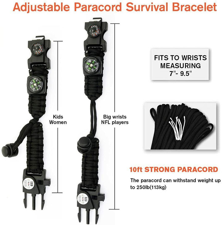 Multifunctional paracord survival bracelet with fire starter, compass, whistle, and rope