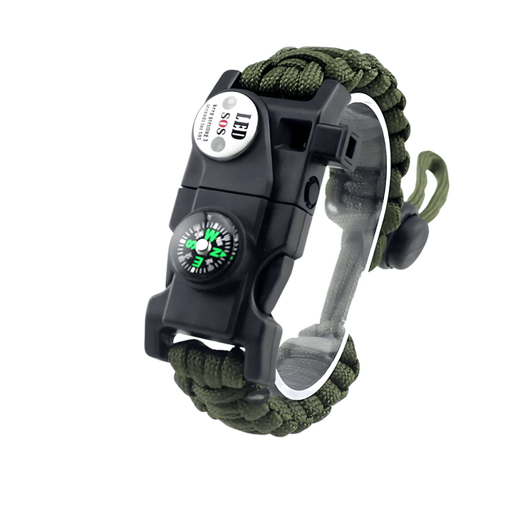 Versatile paracord bracelet, essential for camping, featuring LED, compass, and fire striker.