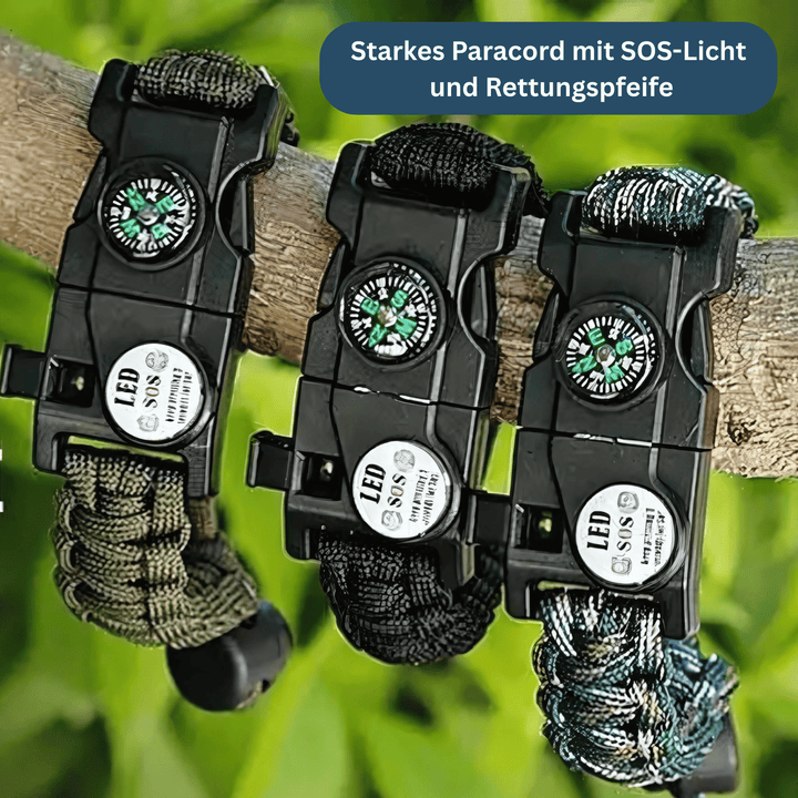 Tactical paracord bracelet, black, featuring LED light, compass, and emergency whistle.