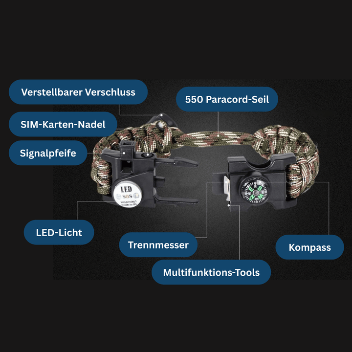 Durable paracord survival bracelet, multi-tool, with compass, LED, and fire starter.