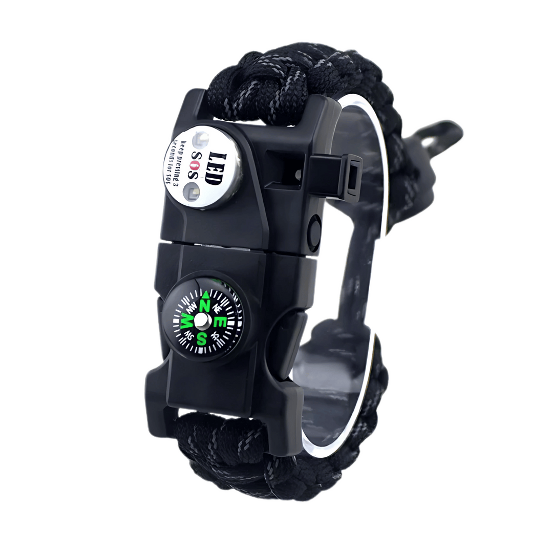Outdoor gear: paracord survival bracelet with powerful LED light and accurate compass.