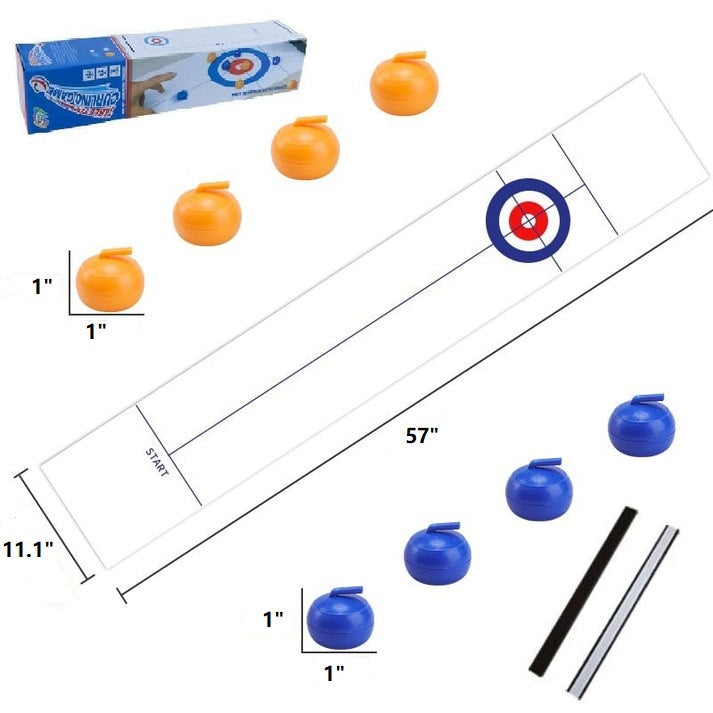Multi-generational family playing Tabletop Curling game during a cozy holiday gathering.