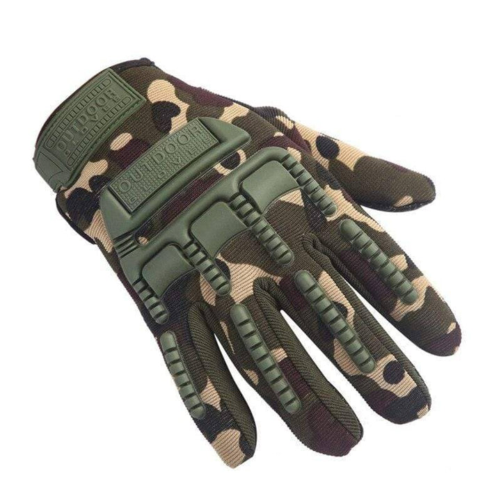 Side view of military-grade tactical gloves, highlighting knuckle protection and breathable design for active use
