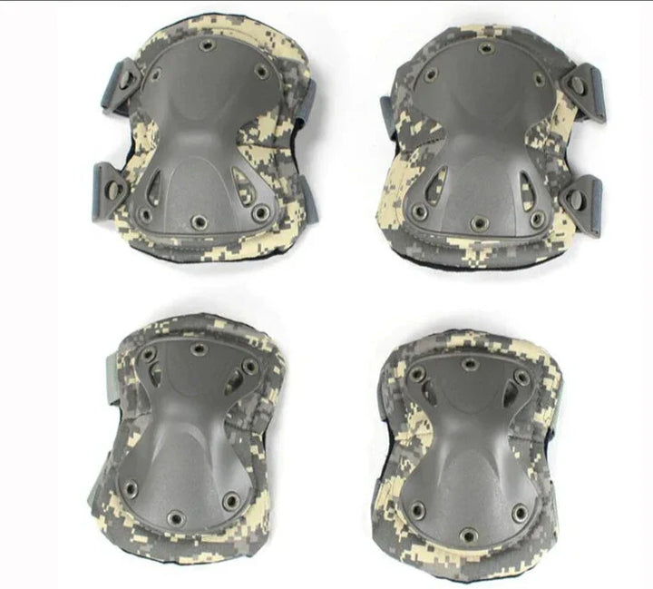Complete set of tactical camouflage knee and elbow pads, essential protective gear for adventurers