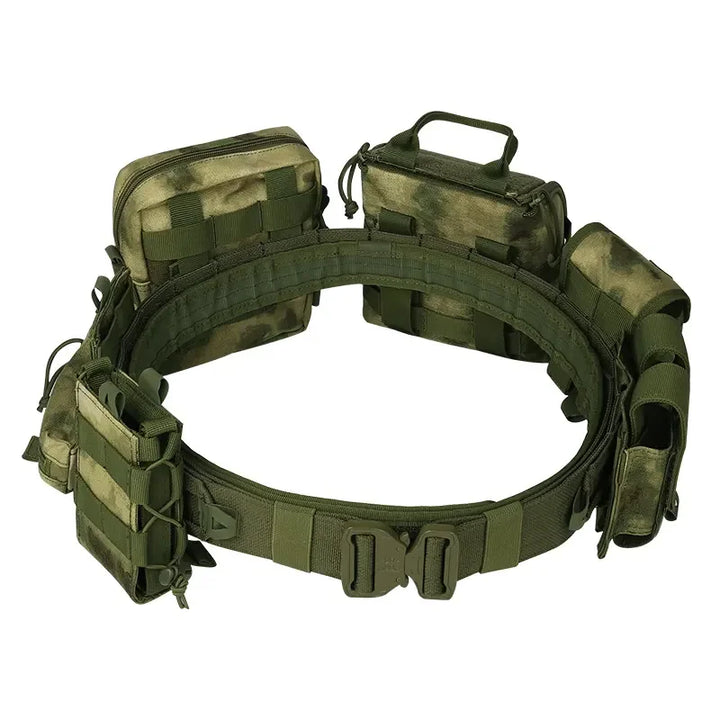 Close-up of tactical combat belt showing Molle system attachments, ideal for everyday carry and outdoor gear