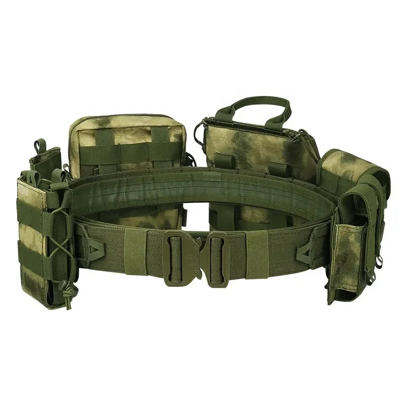 Adjustable nylon tactical belt with various combat gear pouches, Molle compatible, for utility and range