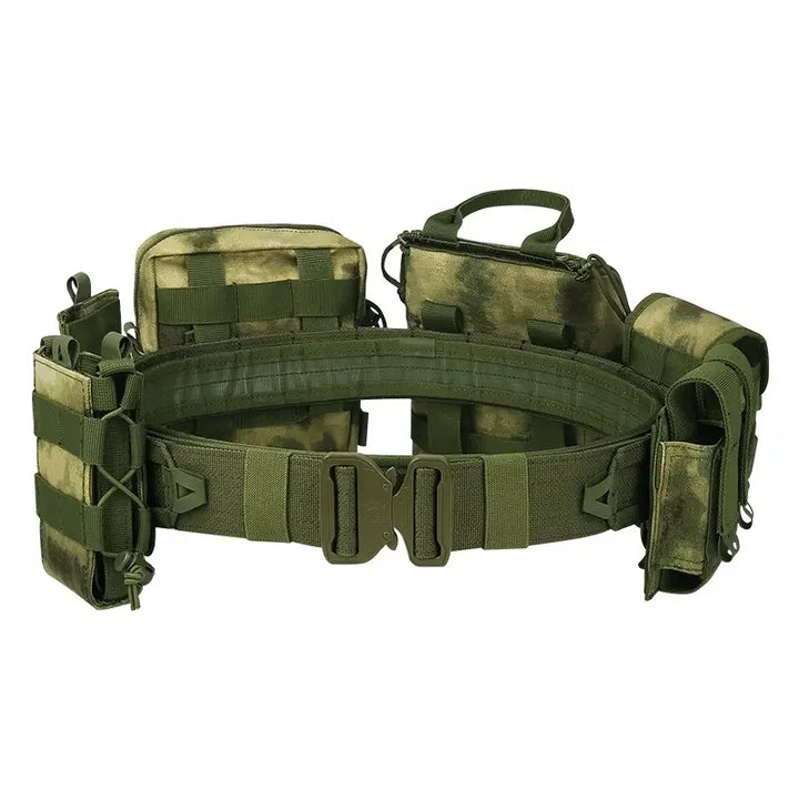 Adjustable nylon tactical belt with various combat gear pouches, Molle compatible, for utility and range