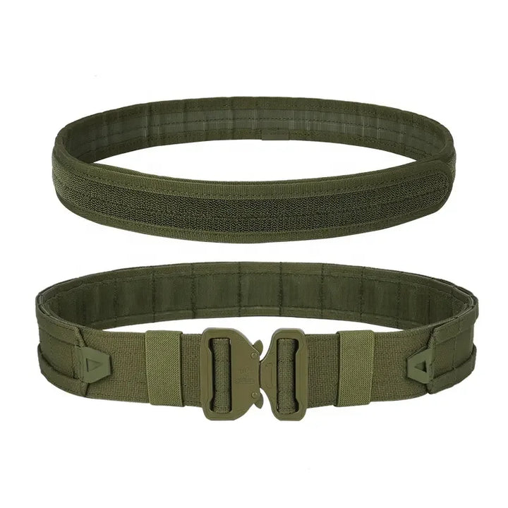 Full view of tactical combat belt with multiple Molle pouches, heavy-duty outdoor equipment for men and women
