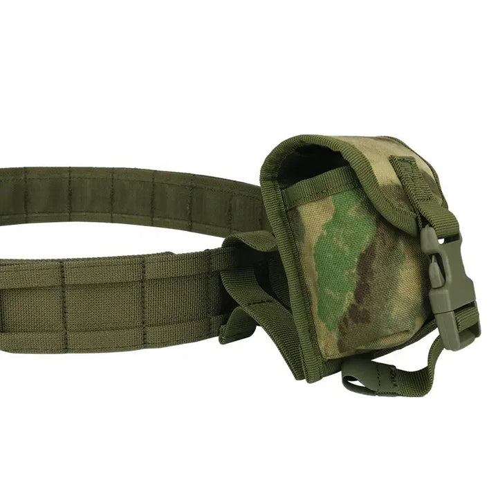 Detailed image of Molle pouches on a tactical combat belt, demonstrating versatile storage and utility