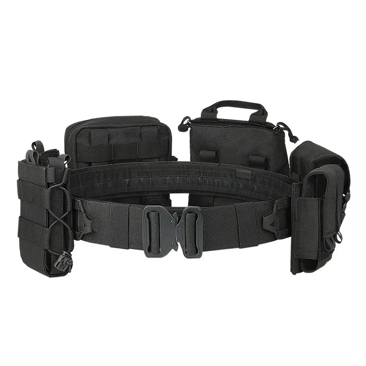 Side view of unisex tactical combat belt, showcasing secure Molle pouches and rugged design for outdoors