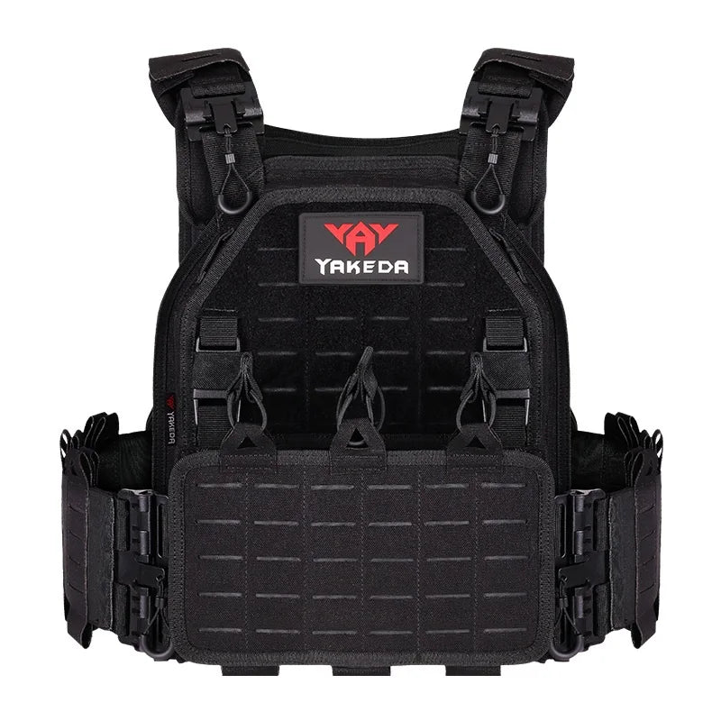 Camo tactical plate carrier vest with integrated pouches, ready for airsoft or combat