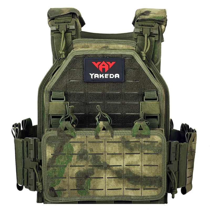 Front view of black adjustable tactical plate carrier combat vest with MOLLE system