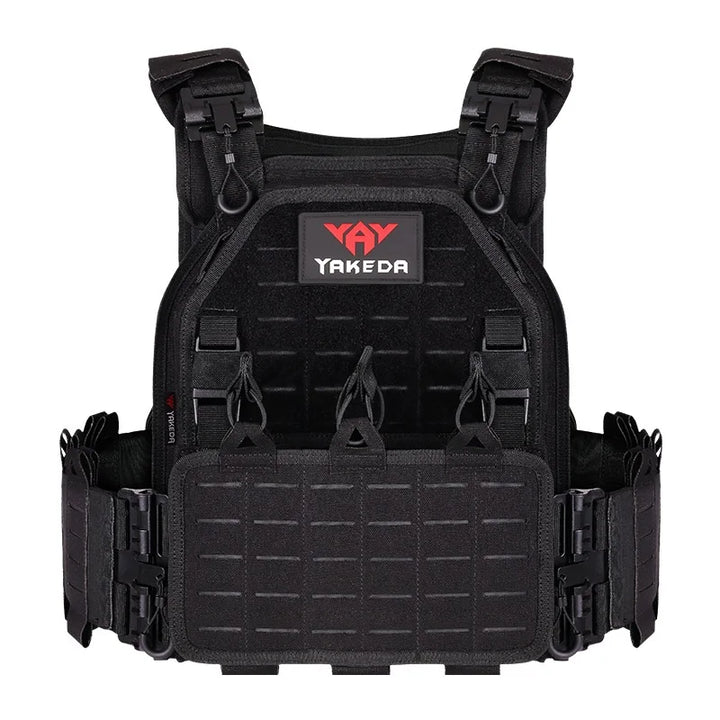 Camo tactical vest plate carrier with front pouches, durable and adjustable for outdoor gear
