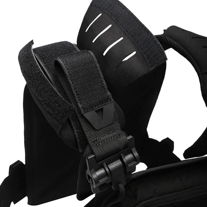 Rear view of unisex combat vest, adjustable plate carrier with strong MOLLE webbing